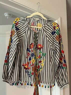 Stellah Black-and-White Striped Embroidered Tassel Blouse